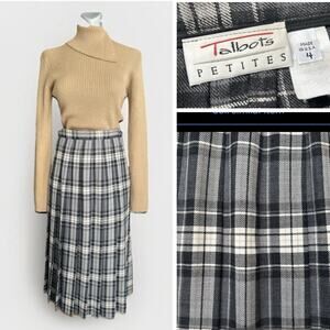 Vtg Talbots Petites Wool Plaid Pleated Midi Skirt Sz 4 Made In USA Academia Prep
